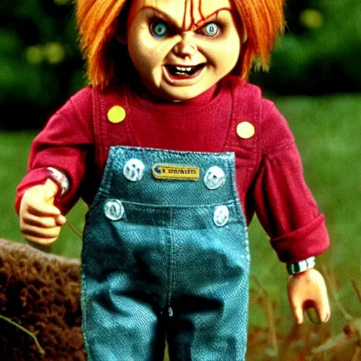 Image similar to Chucky the killer doll from the movie Child's Play standing in the yard