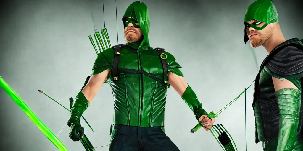 Prompt: green arrow combined with waya steurbaut hero combination rainbow glowing suite high resolution film render 100k, photo realistic, epic, colourful