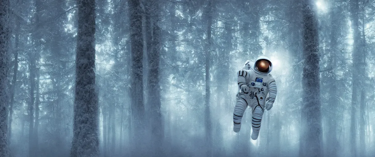 Prompt: close - up portrait of space astronaut with white spacesuit flying inside siberian big green pines snow forest, small foggy and gloomy, blue lights, bokeh background, close - up shot, highly detailed science fiction illustration by jeremy geddes. photorealistic, octane render, hyper detailed, 8 k, movie still, artstation, unreal engine