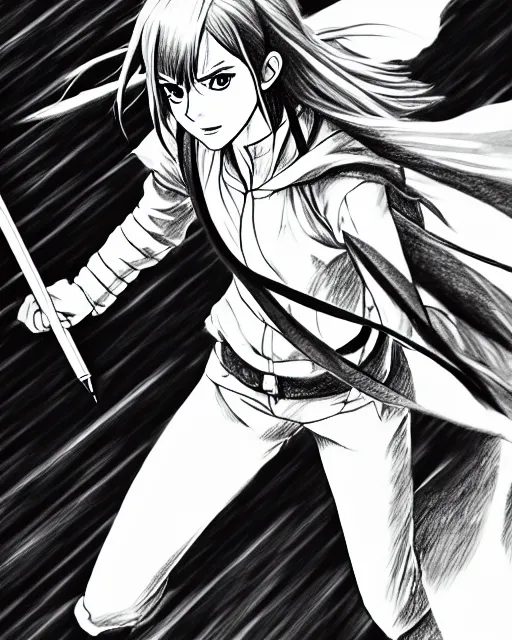 Image similar to a very detailed pencil drawing of emma watson in demon slayer manga panel, action lines, in field high resolution, dynamic pose, landscape, portrait, action, hyper realistic, manga, koyoharu gotouge, sakuga