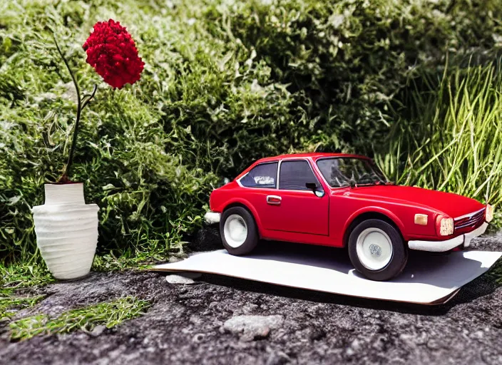 Image similar to a small miniature of a red Datsun 1200 on a white table near a book and a vase with a plant, 3d render, octane render, unreal engine 5, path tracing, serene landscape, calm, relaxing, beautiful landscape, highly detailed, high quality, 4k, symmetrical, low contrast