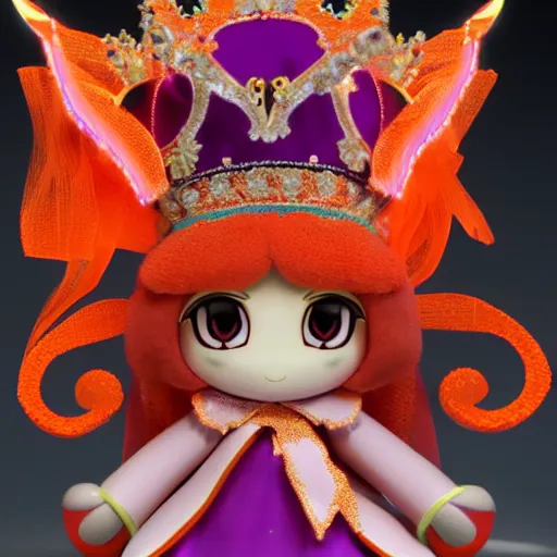 Prompt: cute fumo plush of a elaborately dressed princess in orange and purple regalia, crown, outline glow lens flare, vray