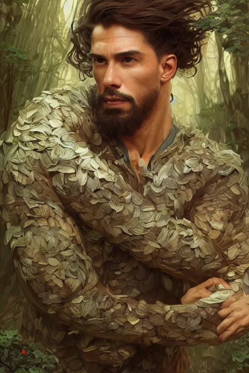 Image similar to portrait of a herculian man in a bomber - jacket, flowing hair, forest, full body, muscular, fantasy, intricate, elegant, highly detailed, digital painting, artstation, concept art, sharp focus, illustration, art by artgerm and greg rutkowski and alphonse mucha