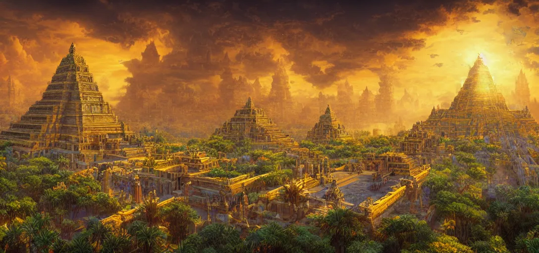 Prompt: beautiful view of an ancient floating golden city, in the sky, aztec temples, overgrown, birds, symmetry, dramatic lighting, ultra detailed, sharp, ambient occlusion, bloom, raytracing, vibrant, vivid colors, picturesque, by dylan cole and jordan grimmer