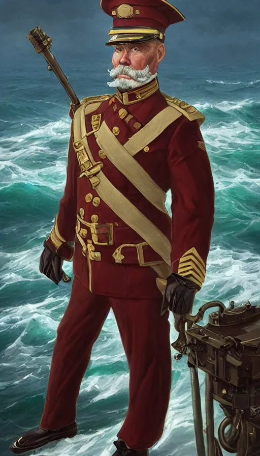 Image similar to proud commodore marine captain, pairate style, stern look, late xix century commander vest, full body portrait xix immpresionist paint, ship deck on wild ocean background, highly detailed, digital painting, artstation, concept art, sharp focus, illustration, art by Artgerm, Greg Rutkowski, Craig Mullins, WLOP, Ross tran, James Jean, Andrei Riabovitchev, magic the gathering, - W 640