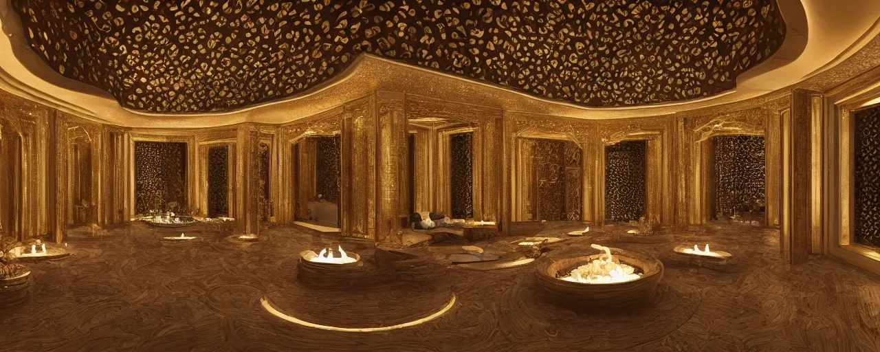 Prompt: interior of a 2 double height luxury spa with everything made of gold, candles, wellness pool, intricate detailed roof, contemporary design, sacred geometry, 8 k, hyperrealistic, photorealism,