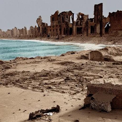 Image similar to a photo of a place where the desert meets the ocean, a ruined city in view, a survivor looks into the camera, concept art, art station - W 1024