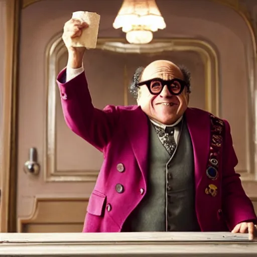 Prompt: A movie still of Danny Devito in The Grand Budapest Hotel