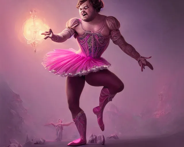 Image similar to photography of jack black dancing in a pink ballerina outfit, full body shot, deep focus, d & d and mtg, fantasy, intricate, elegant, highly detailed, digital painting, artstation, concept art, matte, sharp focus, illustration, hearthstone, art by giger