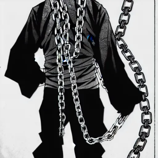 Prompt: A FULL BODY PORTRAIT FROM BEHIND OF TAKEZO FROM MANGA VAGABOND ,THE MAN KEEPS A KUSARIGAMA AND IT IS WRAPPED IN CHAINS ,detailed, concept art, ink style , sketch