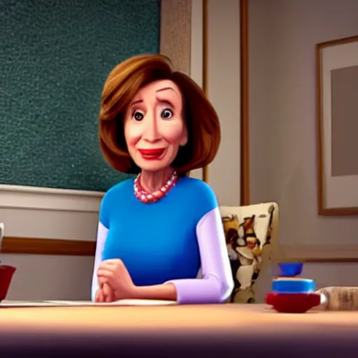 Image similar to film still of a pixar movie about nancy pelosi