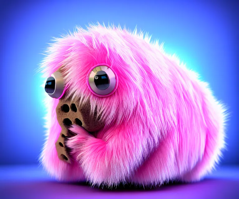 Image similar to high quality 3 d render hyperrealist very cute small tardiradiant, plush mascot, long spiky fluffy smooth hair, photo from the side, pink fluffy fur, vray, smooth background, artstation, ultra detailed