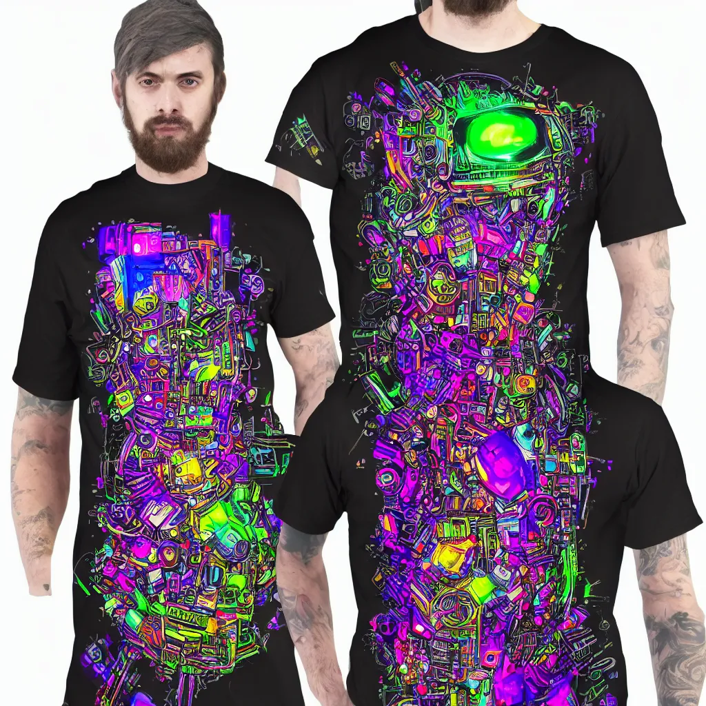 Image similar to mockup of a black tshirt with a hyperdetailed portrait of a trippy cyberpunk robot, 8 k, symetrical, flourescent colors, happy mood, multicolored,