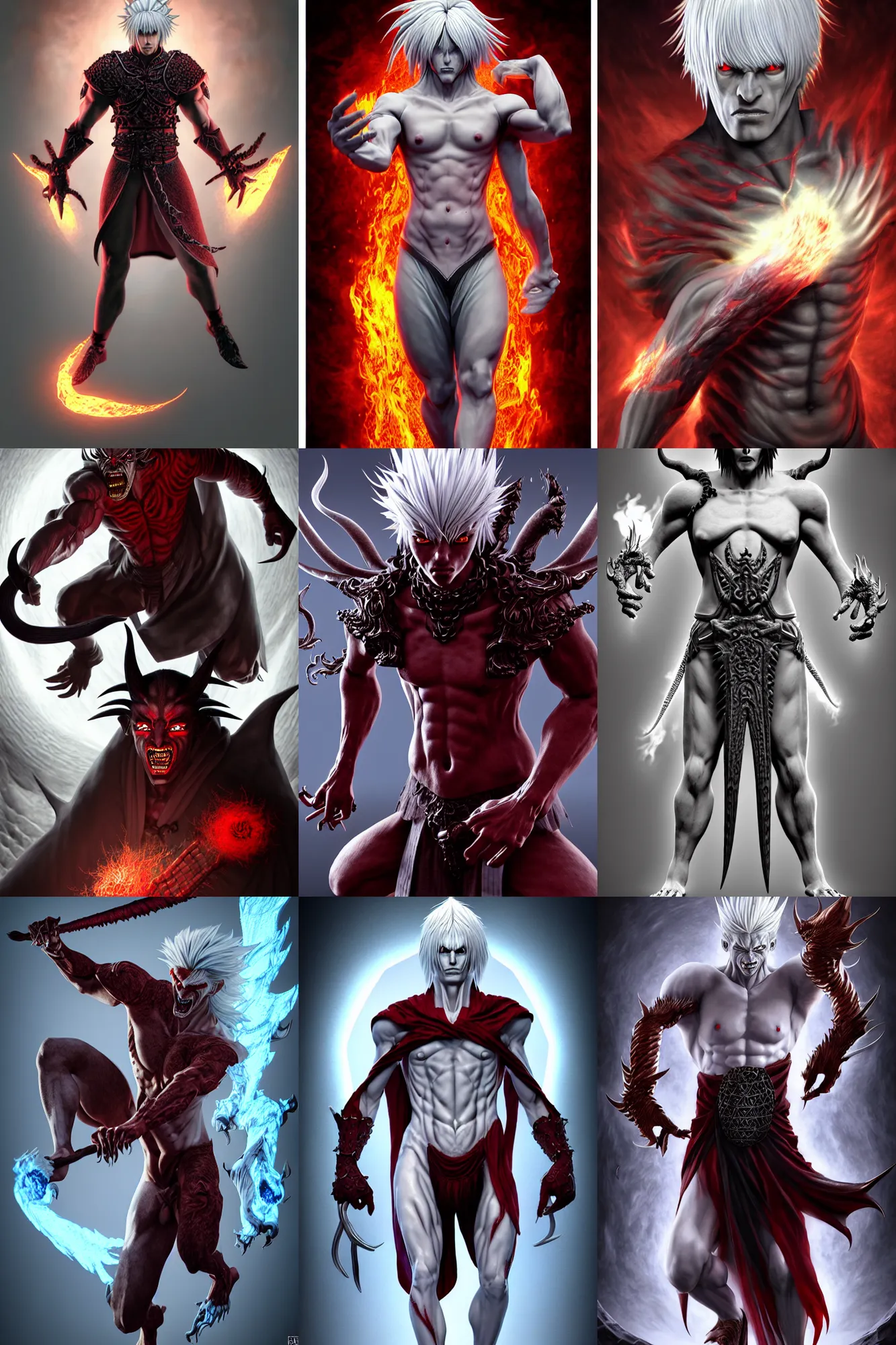 Prompt: complex 3 d render hyper realistic full length illustration of a handsome! powerful athletically built white haired demon necromancer, asura arms, d & d, medieval fantasy, draconic, character design, concept art, 8 k, hd, epic scene, dante's inferno, symmetrical, art by takeshi obata + billelis + hirohiko araki