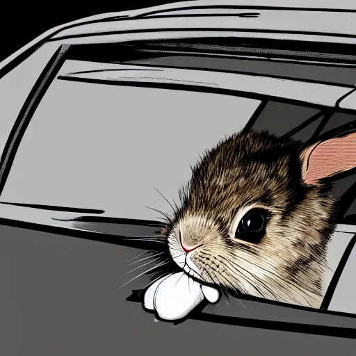 Image similar to a rabbit driving a car from inside, digital art, highly detailed, high contrast, beautiful lighting, award winning, trending on art station, photorealistic, 8 k,