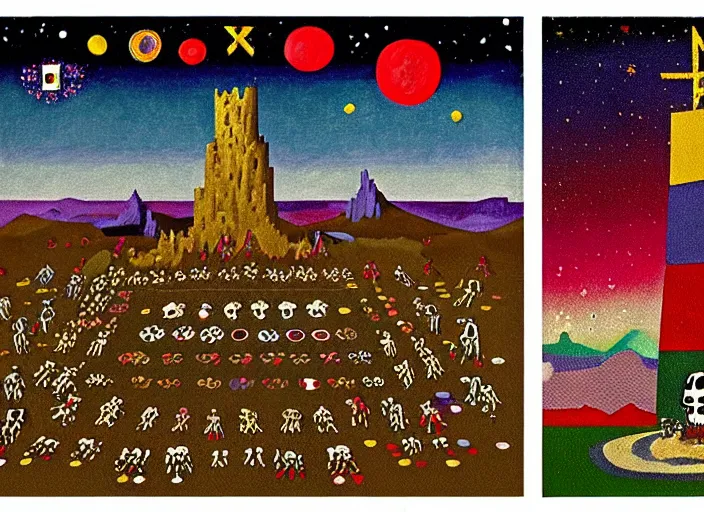 Image similar to pixel decollage painting tarot lovers card composition tower of babel road red armor maggot bear and wonky alien frog skeleton knight on a horse in a dark red cloudy night sky with golden foil jewish stars and diamonds, mountain lake and blossoming field in background, painted by Mark Rothko, Helen Frankenthaler, Danny Fox and Hilma af Klint, pixelated, neo expressionism, semi naive, pastel colors, cinematic, color field painting, cave painting, voxel, pop art look, outsider art, minimalistic. Bill Traylor painting, part by Philip Guston, Amano and Francis Bacon. art by Adrian Ghenie and Storm Thorgerson, very coherent symmetrical artwork, cinematic, hyper realism, high detail, octane render, unreal engine, Smooth gradients, depth of field, full body character drawing, extremely detailed, 8k, extreme detail, intricate detail, masterpiece