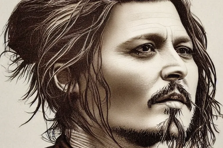 Image similar to An engraved portrait of Johnny Depp , detailed!!! copper-plate engraving, fine!!! lines, Bureau of Engraving and Printing