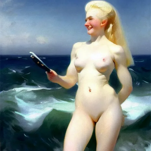 Image similar to painting of a buff cute albino female sailor woman with broad shoulders, flowing white hair, and a confident smile, ocean background. painting by john singer sargent and ivan aivazovsky, 4 k hd artstation