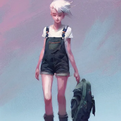 Prompt: Female, soft eyes and narrow chin, dainty figure, single strap paint covered overalls, short shorts, combat boots, raining, basic white background, style of by Jordan Grimmer and greg rutkowski, crisp lines and color,