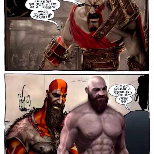 Image similar to kratos from god of war high fiving gus fring