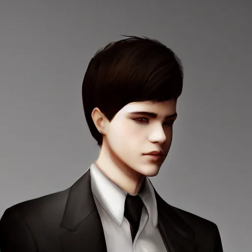 Image similar to a white teen with black short hair and dark brown eyes wearing a formal overcoat, hyperrealistic, high quality, high detail, 8k, trending on artstation