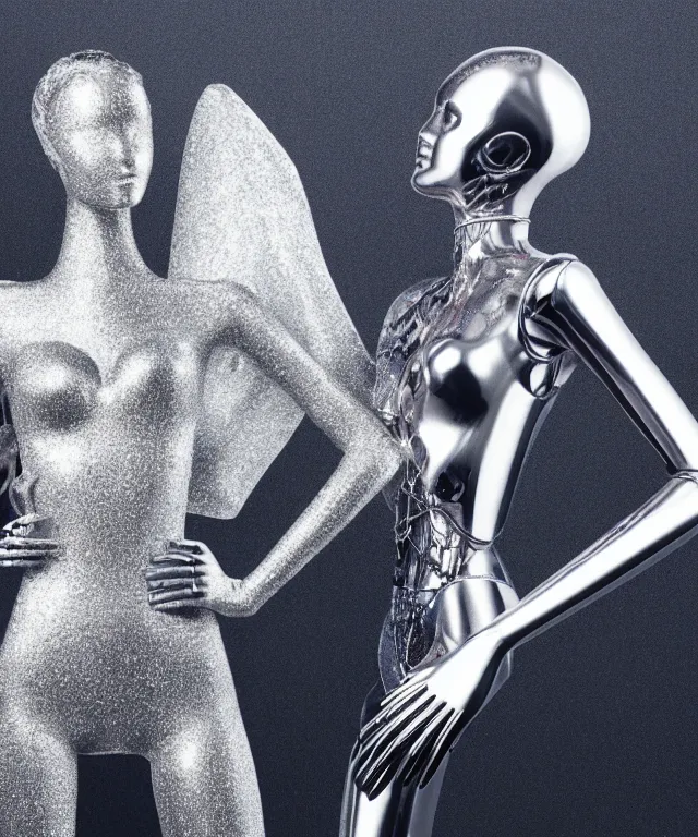 Prompt: victoria's secret model is standing and a silver robot is touching model and robot's head is partially morphed into copy of the model's head, realistic, 4 k