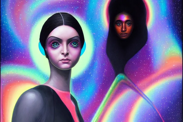 Image similar to patron saint of 🛸🌈👩🏾, futuristic iridescent clothing, wormhole, nebula, black hole, multiverse, neon god of city character portrait, in the style of margaret keane, moebius, tom bagshaw, and waterhouse, cinematic lighting, beautiful, elegant, oil painting,