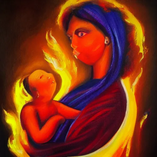 Prompt: beautiful woman cradling her child made of colorful fire by salome tatladze, elegant, colorful, loving