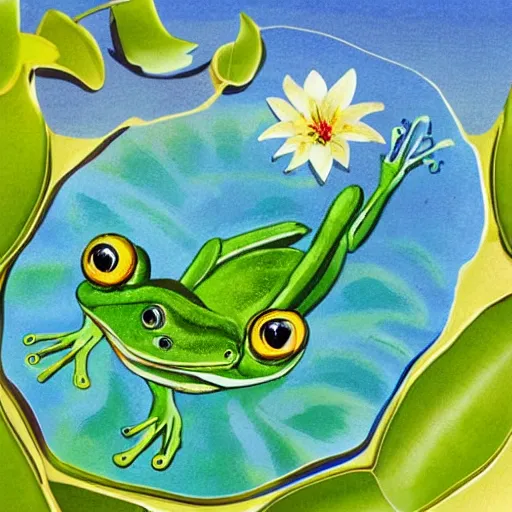 Image similar to cute cartoon gouache children’s book illustration of a frog on a lily pad in a pond