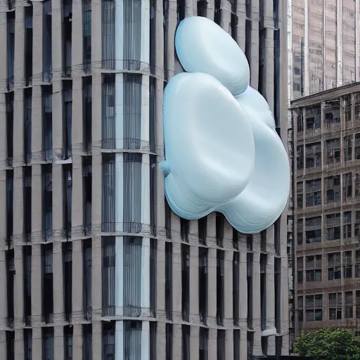 Image similar to giant inflatable bubbles emerging out of the facade of a 1960’s office building’s windows. Inside the bubbles is scaffold that holds a floor with furniture and people. The inflatable is made out of clear plastic sheeting. Ultrarealistic, vray, 8k, cinematic.