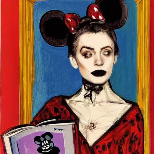 Prompt: portrait painting young woman skeleton, minnie mouse , comic book, elegant, highly detailed, painted by Singer Sargent and David Hockney