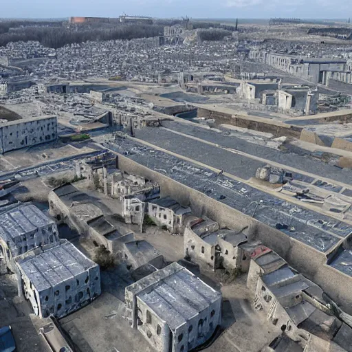 Image similar to brutalist city, prison city, totalitarian prison island, spotlights, military buildings, drones, high walls, dystopian city, prison complex, colorized 8 mm photo