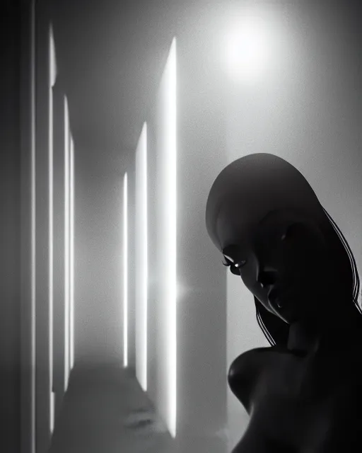 Image similar to black and white high quality photo of a beautiful female cyborg looking into a sci-fi mirror, volumetric lighting, liminal space, brutalism, foggy, dreamy, hyperdetailed, bokeh, photorealistic, cinematic, masterpiece, Metropolis, elegant, dark, octane render, 8K, in the style of H.R. Giger