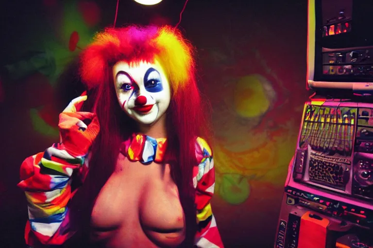Image similar to cute clowngirl in clowncore cyberspace, fractal, in 2 0 5 5, y 2 k cutecore clowncore, low - light photography, bathed in the glow of a crt monitor, terry richardson photoshoot