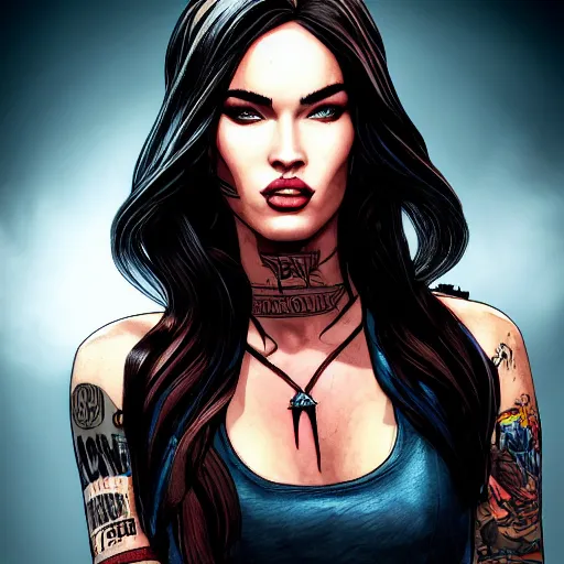 Prompt: megan fox portrait, borderlands, tales from the borderlands, the wolf among us, comic, cinematic lighting, studio quality, 8 k