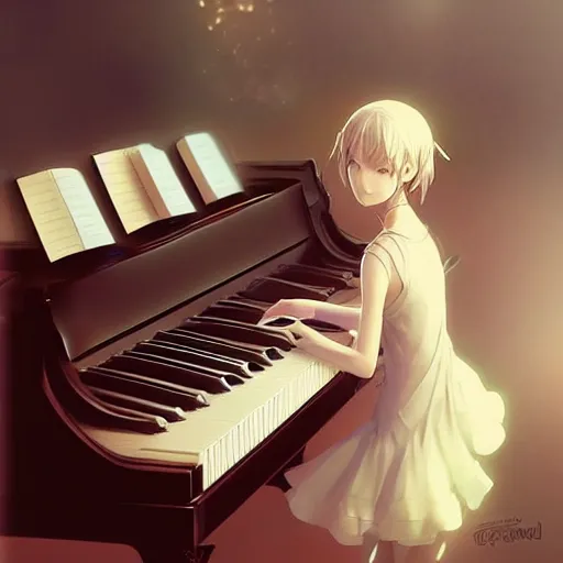 Image similar to anime girl Playing the Piano instrument , digital Art, Greg rutkowski, Trending cinematographic artstation