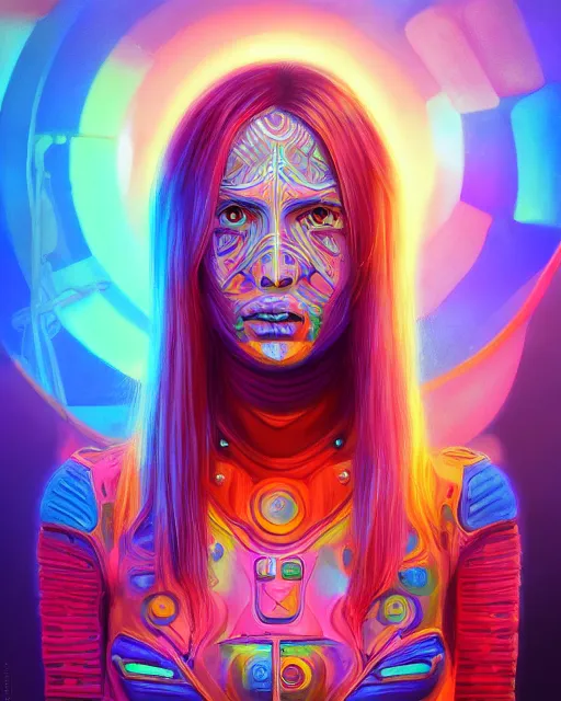 Image similar to colorful portrait of a female hippie with cybernetics, but set in the future 2 1 5 0 | highly detailed | very intricate | symmetrical | professional model | cinematic lighting | award - winning | painted by mandy jurgens | pan futurism, dystopian, bold psychedelic colors, cyberpunk, anime aesthestic | featured on artstation