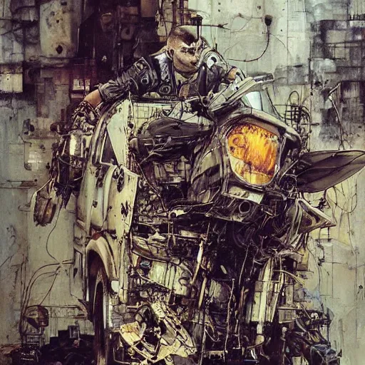 Image similar to mad max rockatansky, wires cybernetic implants, abandoned steelworks, grime and grunge, in the style of adrian ghenie, esao andrews, jenny saville,, surrealism, dark art by james jean, takato yamamoto