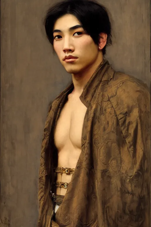 Image similar to attractive asian male, steampunk, cool tint, orientalist intricate portrait by john william waterhouse and edwin longsden long and theodore ralli and nasreddine dinet, hyper realism, dramatic lighting