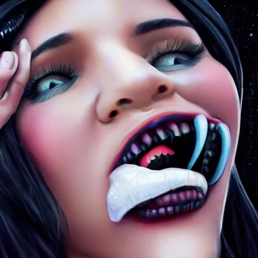 Image similar to kylie jenner held menacingly by an xenomorph, highly detailed, photorealistic, slime, saliva, artstation, smooth