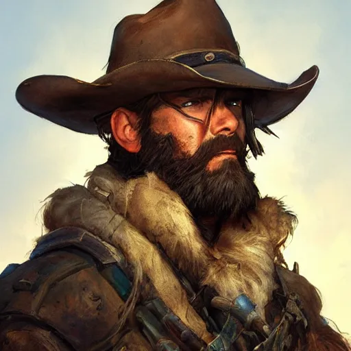 Prompt: rugged bearded cowboy, painted fantasy character portrait, headshot, fantasy, highly detailed, digital painting, artstation, concept art, sharp focus, illustration, art by artgerm and greg rutkowski and alphonse mucha