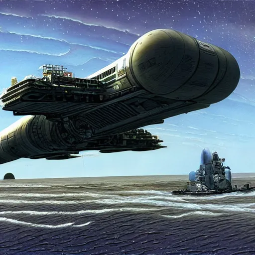 Image similar to scout spaceship with 100-ton hull used for exploration survey and courier duties, peter elson, chris foss