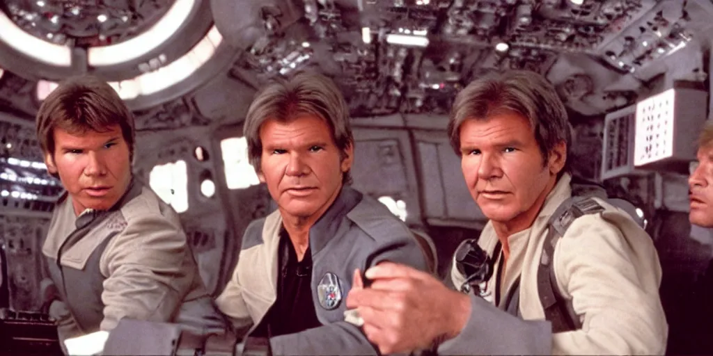 Image similar to a full color still of the control bridge of a spaceship with a middle-aged Harrison Ford as Han Solo standing in the middle, dressed in an admirals uniform, cinematic lighting, 1999, directed by Steven Spielberg, 35mm