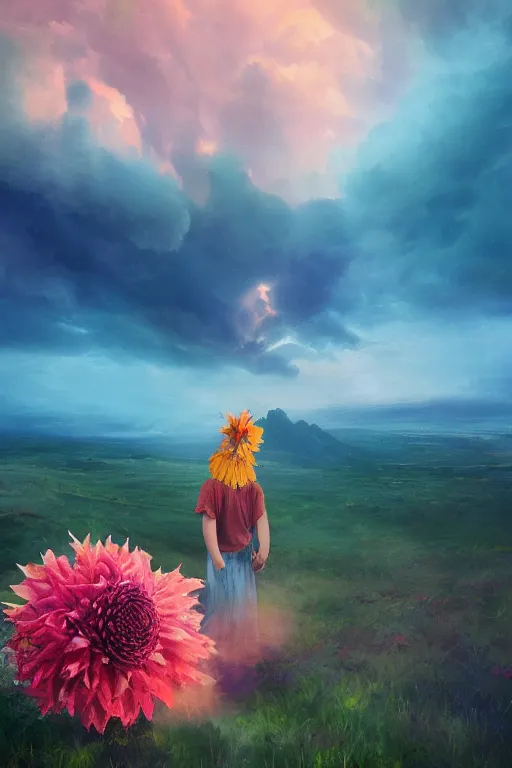 Image similar to closeup girl with giant dahlia flower head, standing on mountain, surreal photography, blue storm clouds, dramatic light, impressionist painting, digital painting, artstation, simon stalenhag