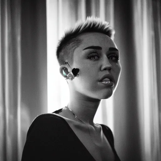 Prompt: Miley Cyrus in a dark room, movie still, photography, DSLR 35mm, low light photography,