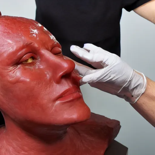 a live wax figure melting while trying to put itself