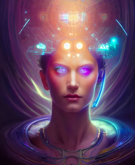 Image similar to a whirlwind of souls rushing inside the metaverse, hologram, half body, neurochip, shaved temple, piercing, jewelry, android, cyborg, cyberpunk face, by loish, d & d, fantasy, intricate, elegant, highly detailed, colorful, digital painting, artstation, concept art, art by artgerm and greg rutkowski and alphonse mucha