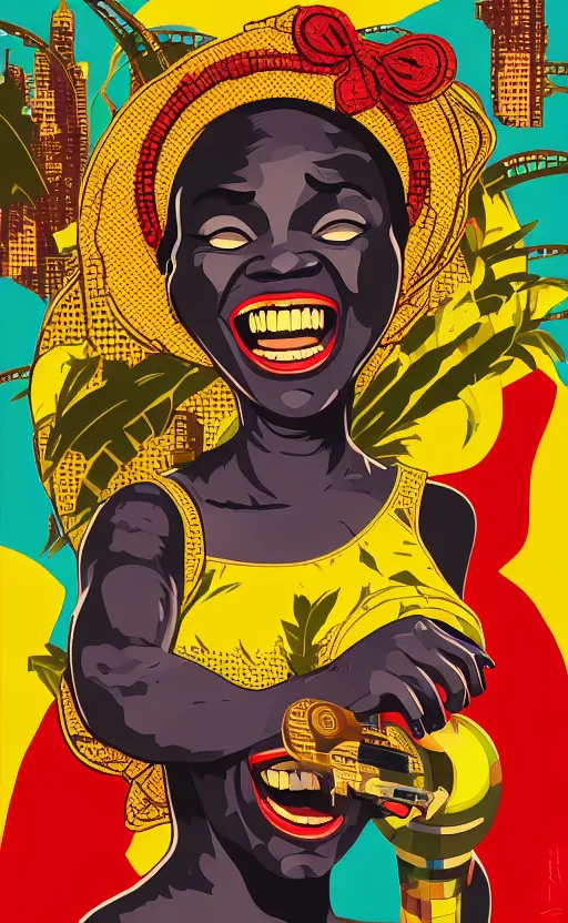 Image similar to mama africa laugh at her child!!! pop art, pixel, bioshock, gta chinatown, artgerm, richard hamilton, mimmo rottela, julian opie, aya takano, hyperdetailed, intricate