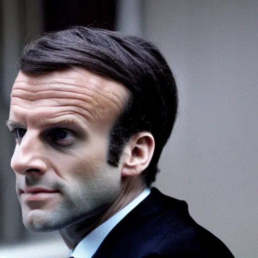 Prompt: forest hair of Emmanuel Macron in American Psycho (1999)