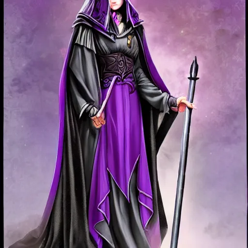 Prompt: an attractive female necromancer mage symmetrical, donned in black cloak with purple staff